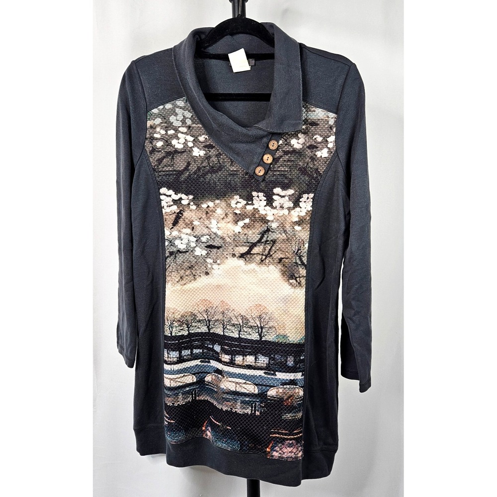 Dolcezza Womens Top Tunic M Dark Gray Landscape Long Sleeve Wooden Button Nature